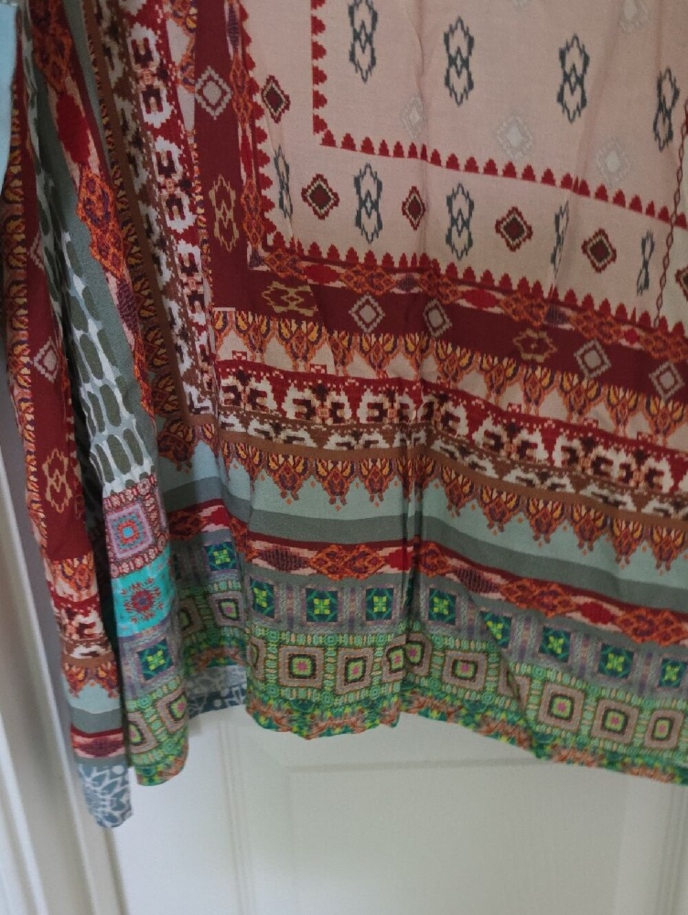 Johnny Was Teal & Rust Patchwork V-Neck Long Sleeve Dress - Picture 6 of 12